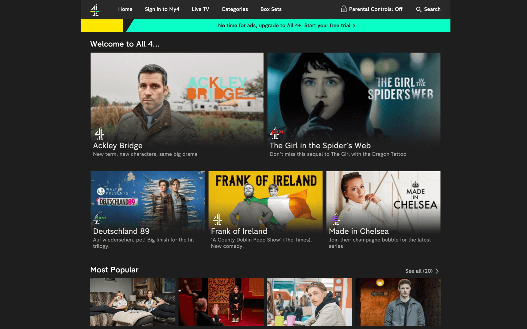 Channel 4 UK All 4 uygulama ana ekranı ve programlar